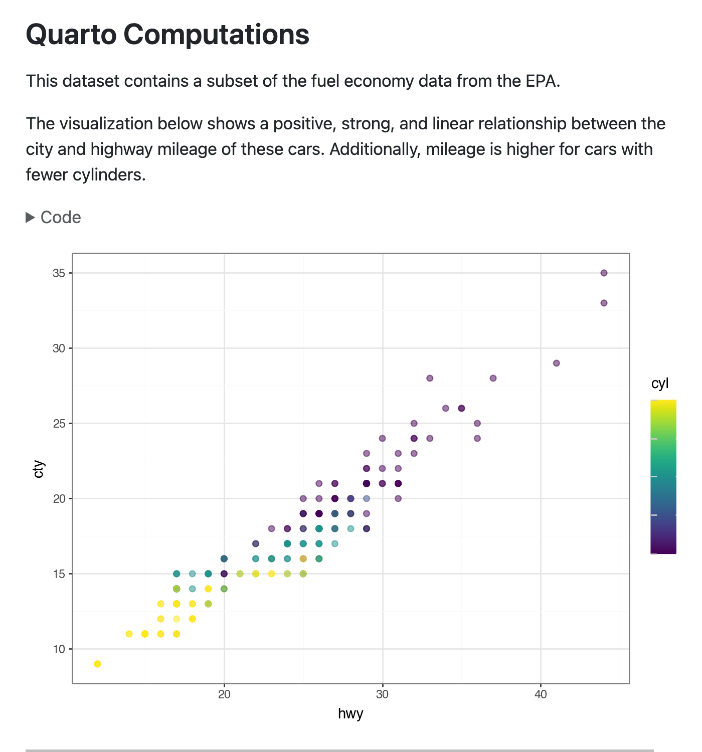 Part of a rendered Quarto document with the title Quarto Computations. The document contains two code cells that are folded, with a button to expand them.
