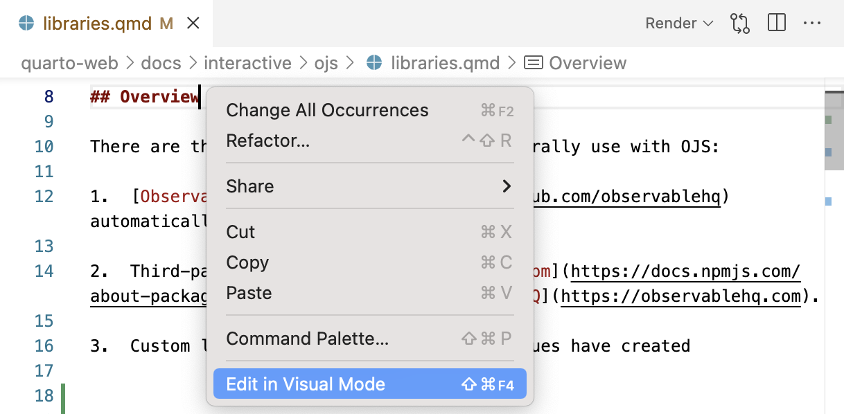 The context menu in with the Edit in Visual Mode command highlighted.
